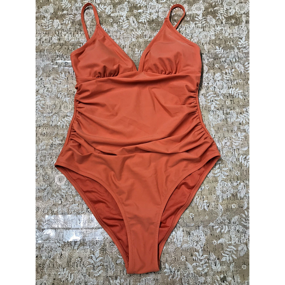 Women's Cupshe Orange Ruched V-Neck One Piece Swimsuit Lighlty Padded NWT Size M